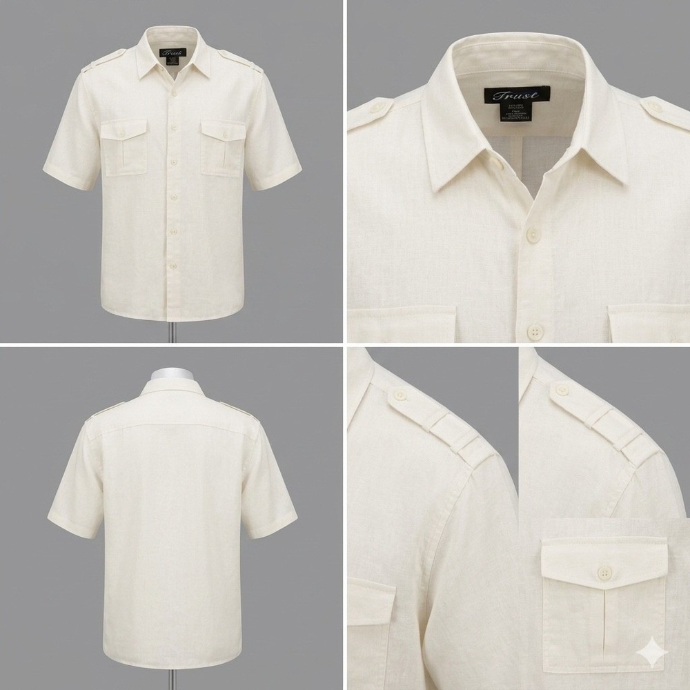 Trust Mens Ivory Linen Blend Short Sleeve Button Up Safari Shirt XXL Epaulettes